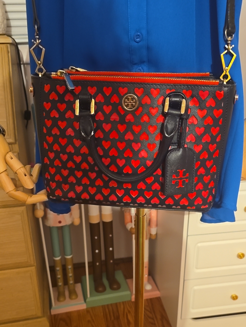 Tory Burch Black and Red Heart-Pattern Mini Tote